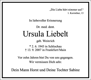 Traueranzeige von Ursula Liebelt von Frankfurter Allgemeine Zeitung