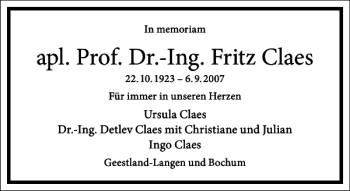 Traueranzeige von apl. Prof. Dr.-Ing. Fritz Claes von Frankfurter Allgemeine Zeitung
