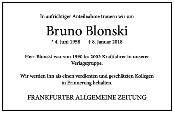 Traueranzeige von Bruno Blonski von Frankfurter Allgemeine Zeitung