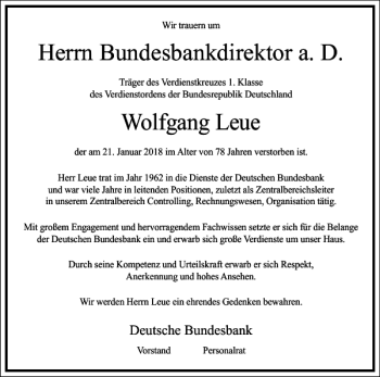 Traueranzeige von Bundesbankdirektor a. D. Wolfgang Leue von Frankfurter Allgemeine Zeitung