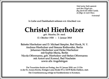 Traueranzeige von Christel Hierholzer von Frankfurter Allgemeine Zeitung