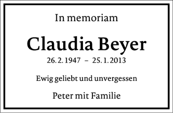 Traueranzeige von Claudia Beyer von Frankfurter Allgemeine Zeitung