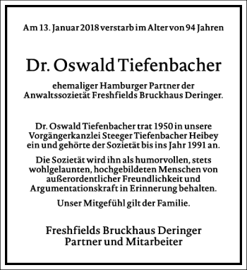 Traueranzeige von Dr. Oswald Tiefenbacher von Frankfurter Allgemeine Zeitung