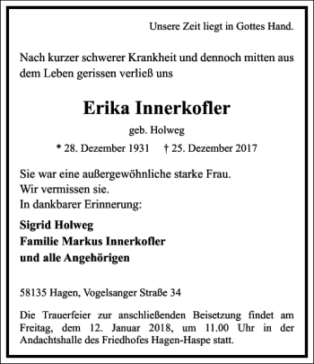 Traueranzeige von Erika Innerkofler von Frankfurter Allgemeine Zeitung