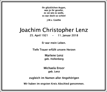 Traueranzeige von Joachim Christopher Lenz von Frankfurter Allgemeine Zeitung