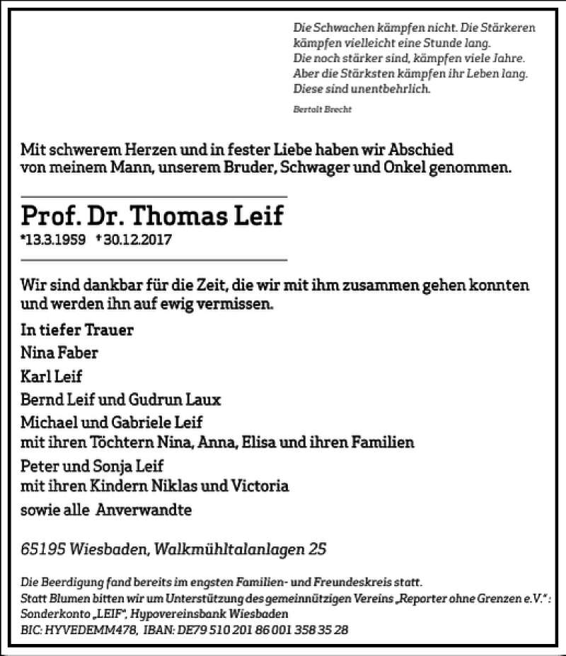  Traueranzeige für Prof. Dr. Thomas Leif vom 17.01.2018 aus Frankfurter Allgemeine Zeitung