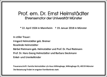 Traueranzeige von Prof. em. Dr. Ernst Helmstädter von Frankfurter Allgemeine Zeitung
