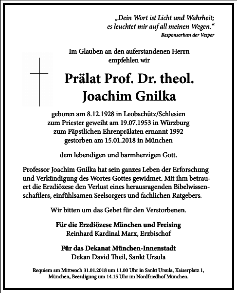  Traueranzeige für Prälat Prof. Dr. theol. Joachim Gnilka  vom 25.01.2018 aus Frankfurter Allgemeine Zeitung