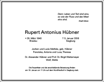 Traueranzeige von Rupert Antonius Hübner von Frankfurter Allgemeine Zeitung