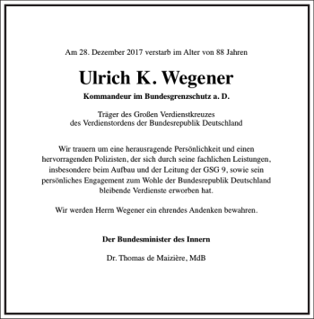 Traueranzeige von Ulrich K. Wegener von Frankfurter Allgemeine Zeitung