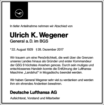 Traueranzeige von Ulrich K. Wegener von Frankfurter Allgemeine Zeitung