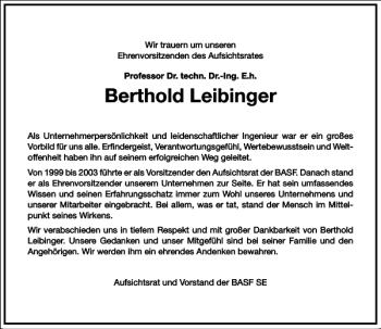 Traueranzeige von Berthold Leibinger von Frankfurter Allgemeine Zeitung
