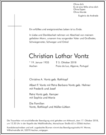 Traueranzeige von Christian Lothar Vontz von Frankfurter Allgemeine Zeitung