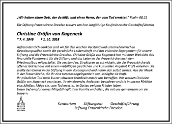 Traueranzeige von Christine Gräfin von Kageneck von Frankfurter Allgemeine Zeitung