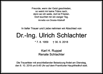 Traueranzeige von Dr.-Ing. Ulrich Schlachter von Frankfurter Allgemeine Zeitung