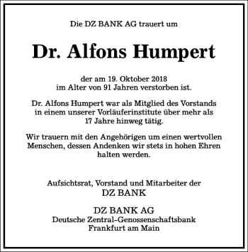 Traueranzeige von Dr. Alfons Humpert von Frankfurter Allgemeine Zeitung