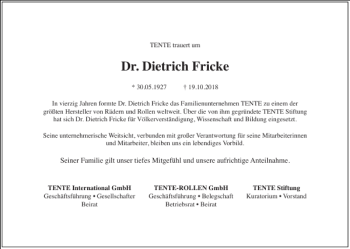 Traueranzeige von Dr. Dietrich Fricke von Frankfurter Allgemeine Zeitung
