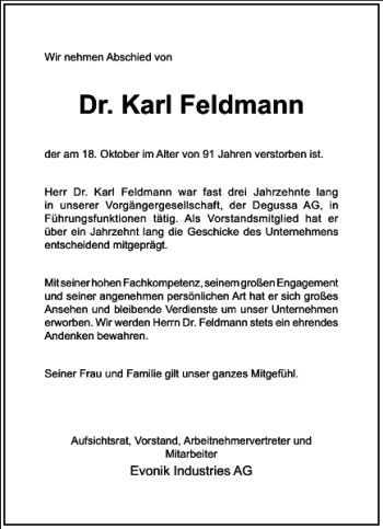 Traueranzeige von Dr. Karl Feldmann von Frankfurter Allgemeine Zeitung