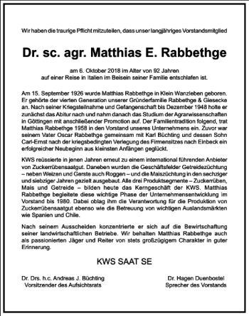 Traueranzeige von Dr. sc. agr. Matthias E. Rabbethge  von Frankfurter Allgemeine Zeitung