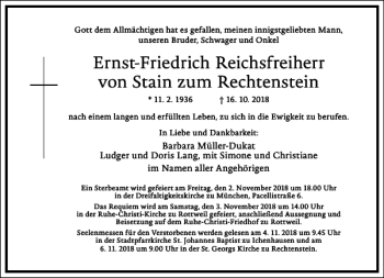 Traueranzeige von Ernst-Friedrich Reichsfreiherr von Stain Rechtenstein von Frankfurter Allgemeine Zeitung