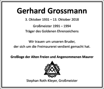 Traueranzeige von Gerhard Grossmann von Frankfurter Allgemeine Zeitung