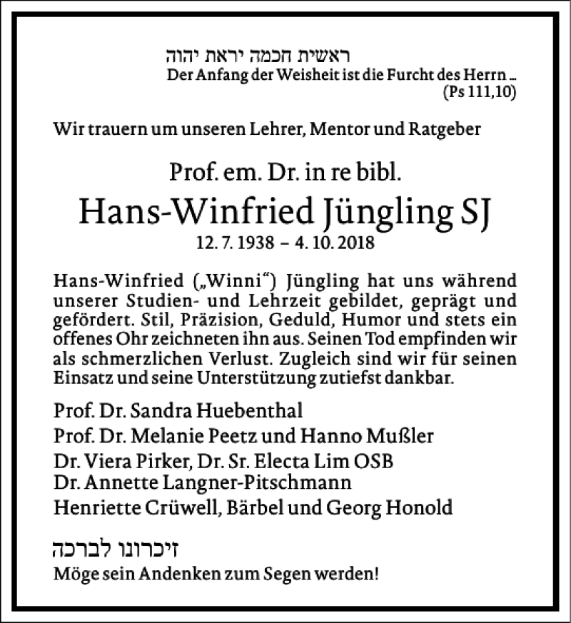  Traueranzeige für Hans-Winfried Jüngling SJ vom 16.10.2018 aus Frankfurter Allgemeine Zeitung