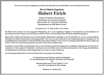 Traueranzeige von Hubert Eirich von Frankfurter Allgemeine Zeitung
