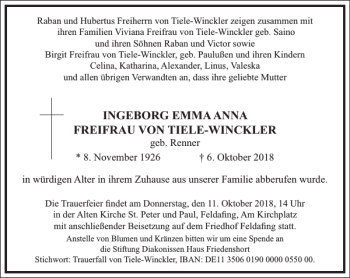 Traueranzeige von INGEBORG EMMA ANNA FREIFRAU VON TIELE-WINCKLER  von Frankfurter Allgemeine Zeitung