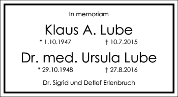 Traueranzeige von Klaus A. Lube Dr. med. Ursula Lube  von Frankfurter Allgemeine Zeitung