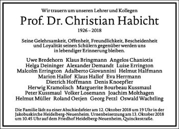 Traueranzeige von Prof. Dr. Christian Habicht von Frankfurter Allgemeine Zeitung