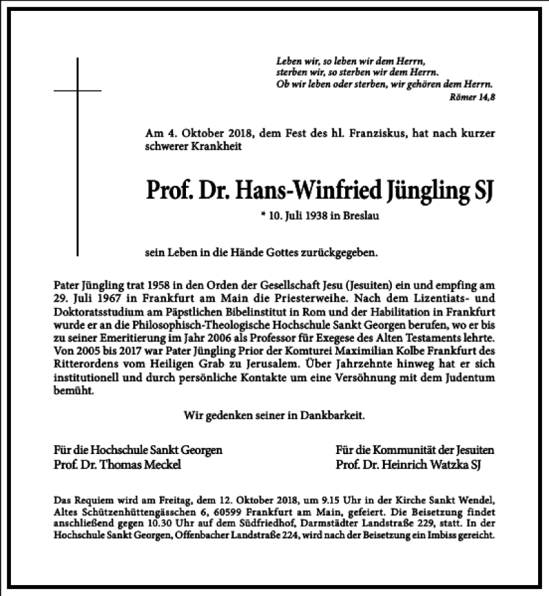  Traueranzeige für Prof. Dr. Hans-Winfried Jüngling SJ vom 08.10.2018 aus Frankfurter Allgemeine Zeitung