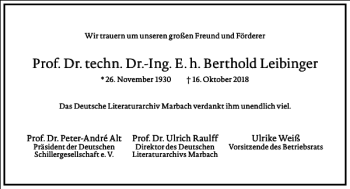 Traueranzeige von Prof. Dr. techn. Dr.-Ing. E. h. Berthold Leibinger  von Frankfurter Allgemeine Zeitung