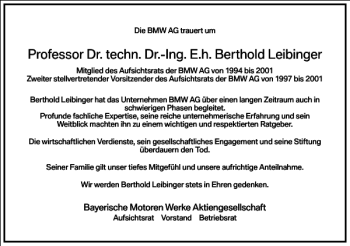 Traueranzeige von Professor Dr. techn. Dr.-Ing. E. h. Berthold Leibinger  von Frankfurter Allgemeine Zeitung