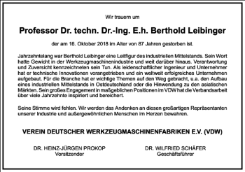 Traueranzeige von Professor Dr. techn. Dr.-Ing. E. h. Berthold Leibinger  von Frankfurter Allgemeine Zeitung