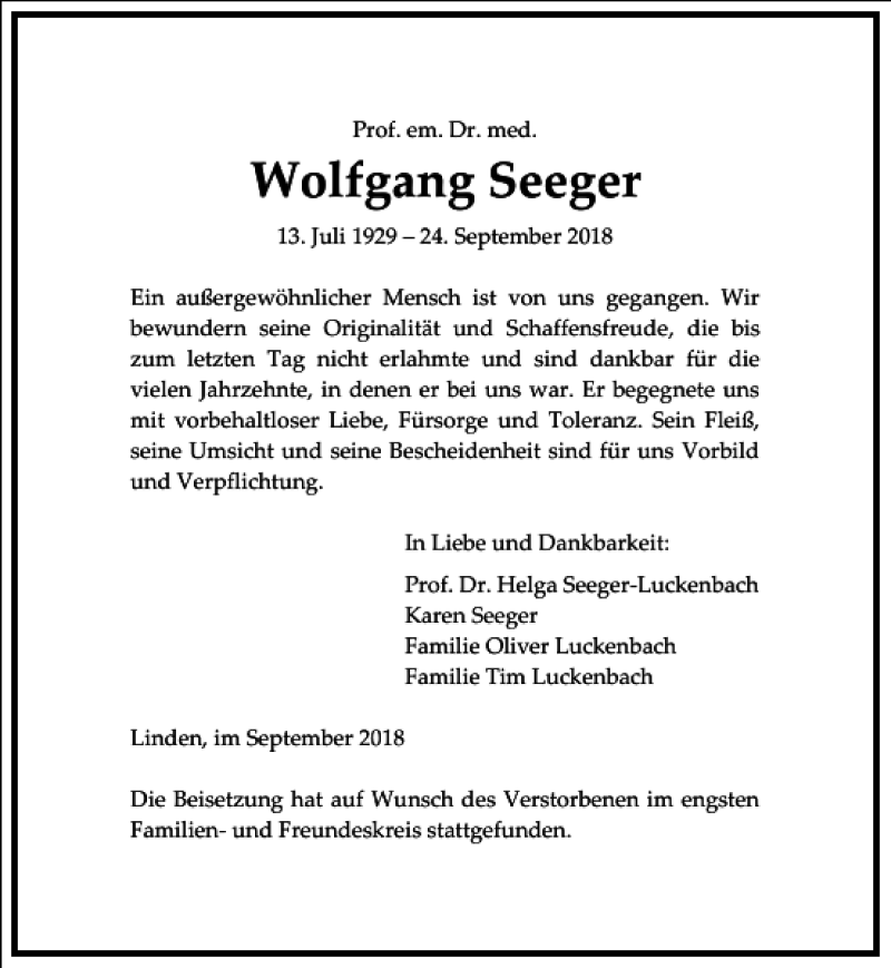  Traueranzeige für Wolfgang Seeger vom 08.10.2018 aus Frankfurter Allgemeine Zeitung