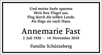 Traueranzeige von Annemarie Fast von Frankfurter Allgemeine Zeitung