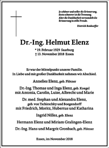 Traueranzeige von Dr.-Ing. Helmut Elenz von Frankfurter Allgemeine Zeitung