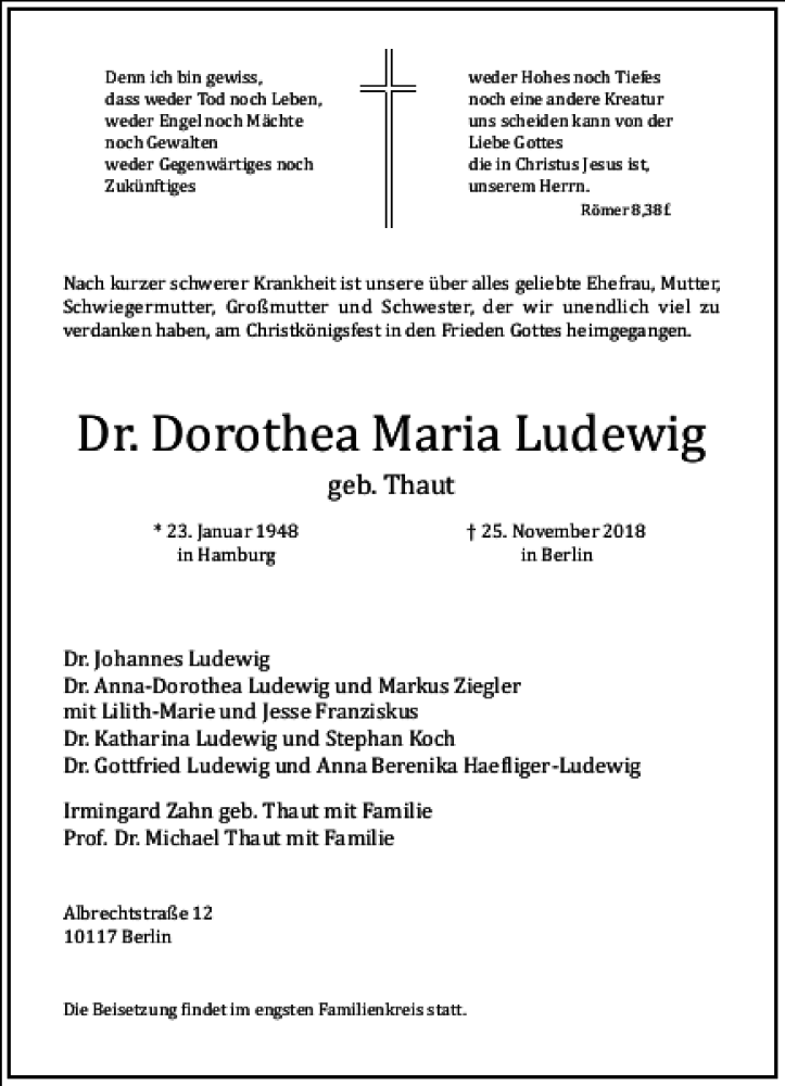  Traueranzeige für Dr. Dorothea Maria Ludewig vom 30.11.2018 aus Frankfurter Allgemeine Zeitung