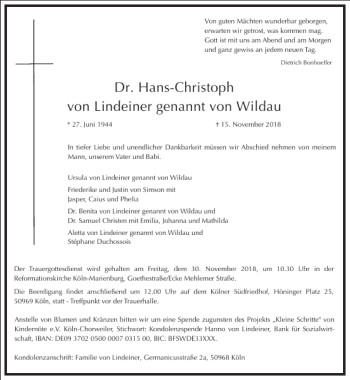 Traueranzeige von Dr. Hans-Christoph von Lindeiner genannt von Wildau  von Frankfurter Allgemeine Zeitung