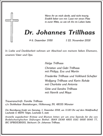 Traueranzeige von Dr. Johannes Trillhaas von Frankfurter Allgemeine Zeitung