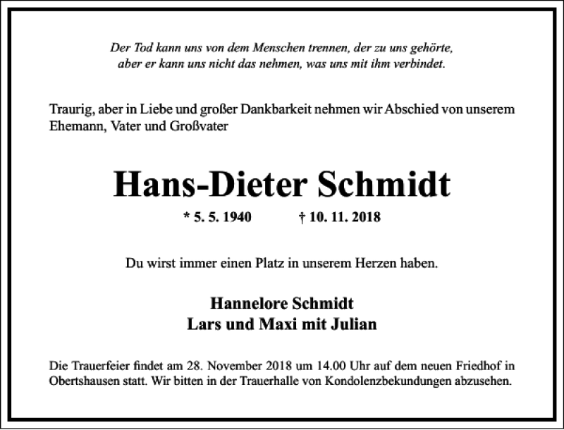  Traueranzeige für Hans-Dieter Schmidt vom 24.11.2018 aus Frankfurter Allgemeine Zeitung