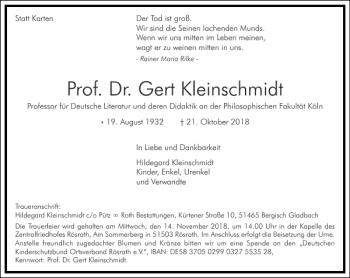 Traueranzeige von Prof. Dr. Gert Kleinschmidt von Frankfurter Allgemeine Zeitung