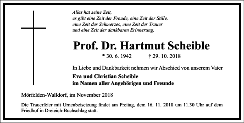  Traueranzeige für Prof. Dr. Hartmut Scheible vom 08.11.2018 aus Frankfurter Allgemeine Zeitung