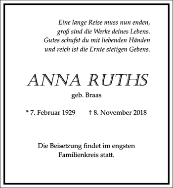 Traueranzeige von Ann A Ruths von Frankfurter Allgemeine Zeitung