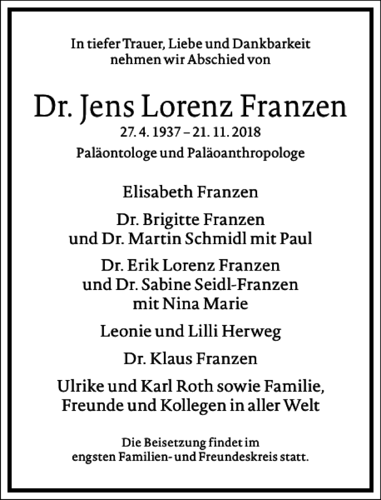  Traueranzeige für Dr. Jens Lorenz Franzen vom 15.12.2018 aus Frankfurter Allgemeine Zeitung
