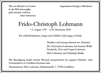 Traueranzeige von Frido-Christoph Lohmann von Frankfurter Allgemeine Zeitung