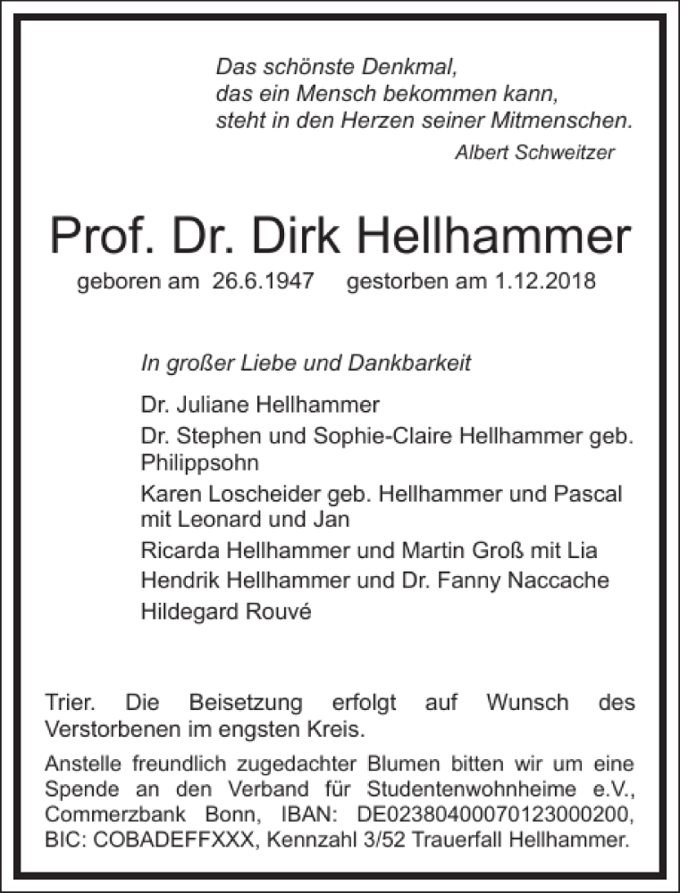  Traueranzeige für Prof. Dr. Dirk Hellhammer vom 06.12.2018 aus Frankfurter Allgemeine Zeitung
