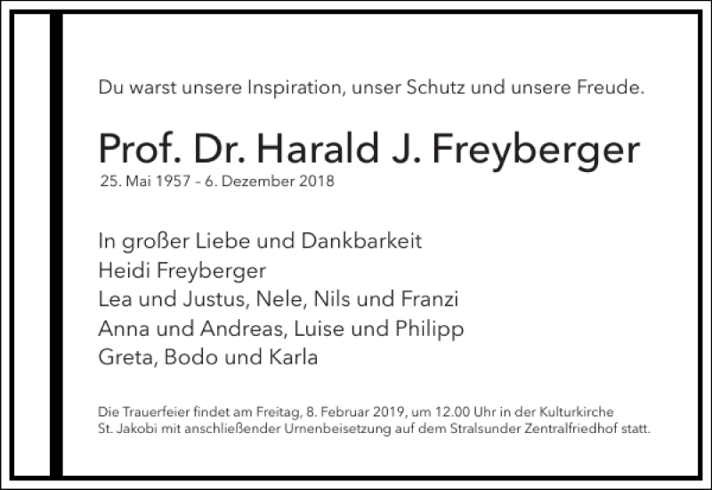  Traueranzeige für Prof. Dr. Harald J. Freyberger vom 15.12.2018 aus Frankfurter Allgemeine Zeitung