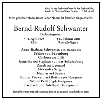 Traueranzeige von Bernd Rudolf Schwanter von Frankfurter Allgemeine Zeitung