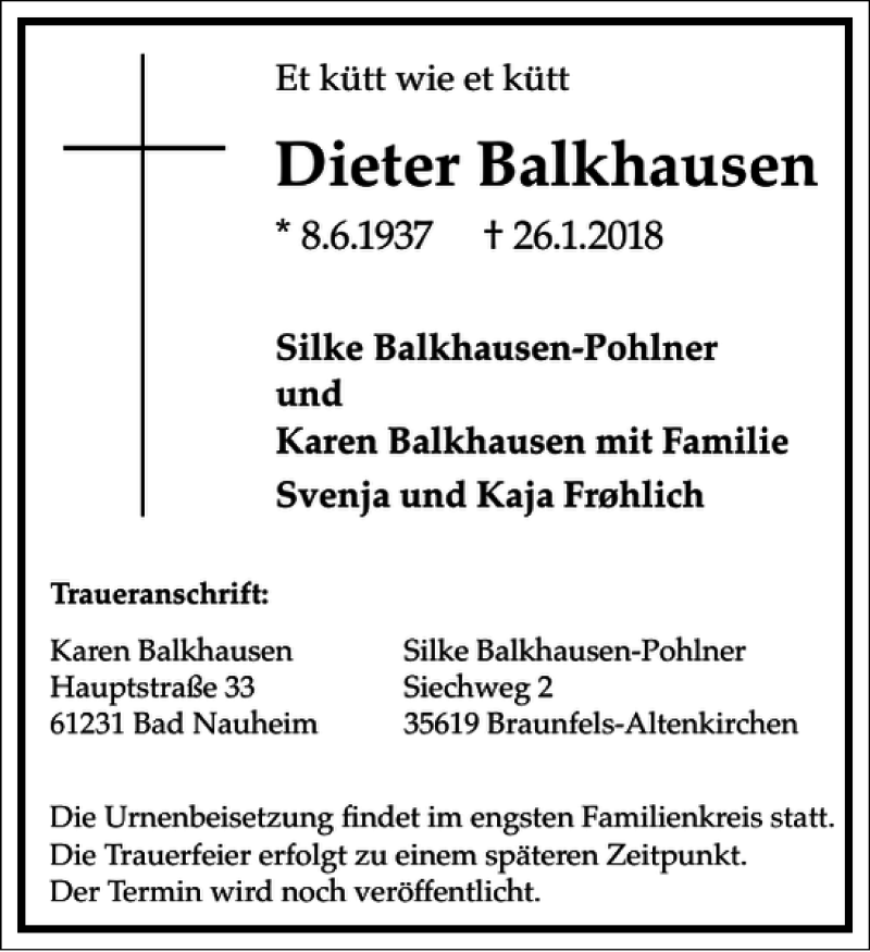  Traueranzeige für Dieter Balkhausen vom 03.02.2018 aus Frankfurter Allgemeine Zeitung